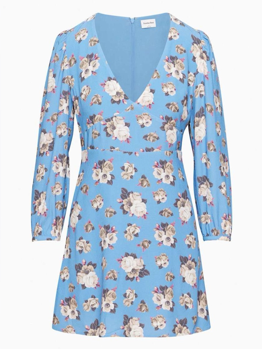 Aritzia Sunday Best Grayson Dress - Blue Floral Long Sleeve V-Neck Mini Dress